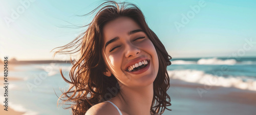 foto panorâmica de uma jovem sorridente olhando para a câmera na praia © Vitor