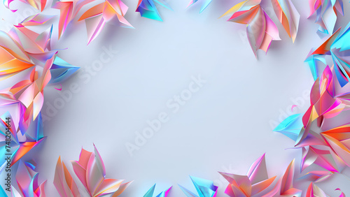 White background with neon shapes forming a border around the edges.