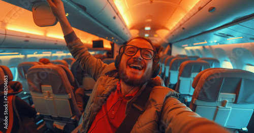 Jovem tirando uma selfie no avião. Viajando de avião. photo