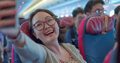 Mulher tirando selfie pelo smartphone no avião. Conceito de viagens e turismo. photo