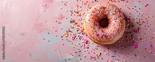 Sweet donut with icing and sprinkles on pink background Top view space to copy