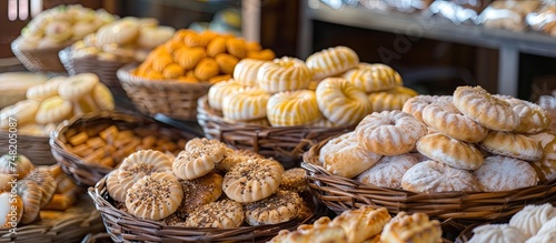 A wooden table is covered with multiple baskets, each filled with a different type of cookie. The cookies vary in size, shape, and color, showcasing a wide array of flavors and textures.