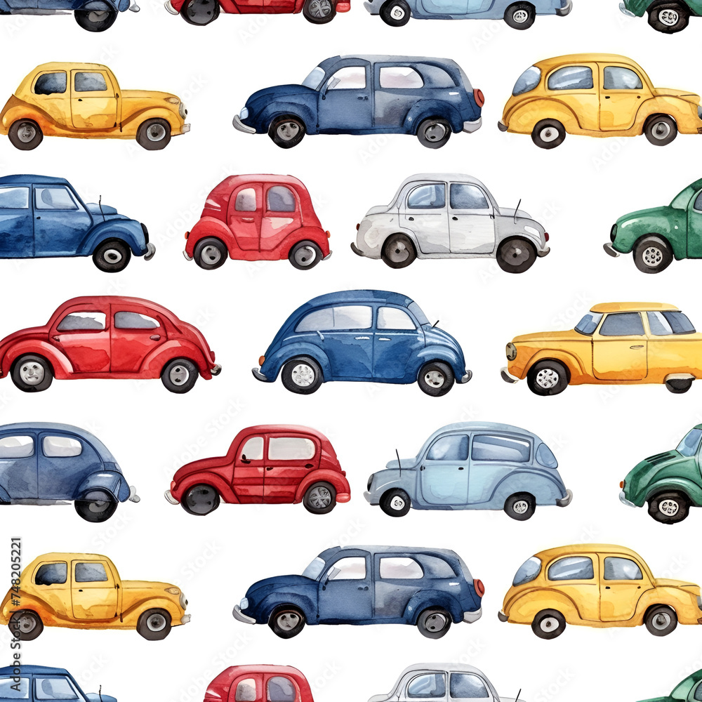Seamless watercolor pattern with blue and red toy cars on white background. Design for wallpapers, wrapping paper, poster or cover. AI Generative