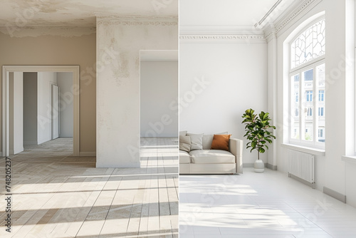Collage of room before and after renovation  reconstruction. Bright room with high ceiling in old antique house. Generative AI
