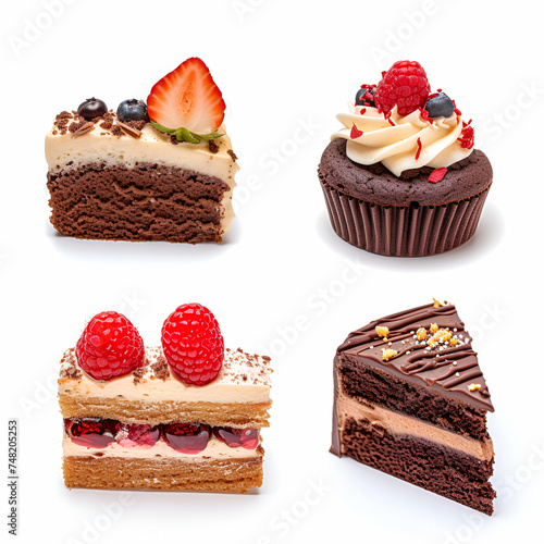 Set of different types of sweet dessert, cakes with berries on white background. Sweet treats, cream muffins, chocolate cakes. Generative AI