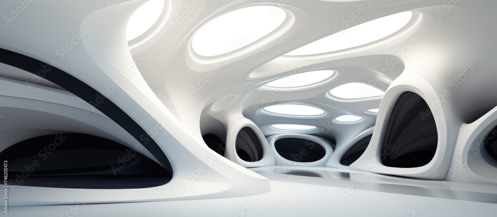 A modern white building stands out with its unique design featuring a multitude of round windows. The architectural structure exudes a contemporary aesthetic with its sleek and minimalistic appearance A modern white building stands out with its unique design featuring a multitude of round windows. The architectural structure exudes a contemporary aesthetic with its sleek and minimalistic appearance