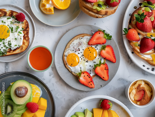 A vibrant breakfast spread featuring waffles with fruit and eggs, avocado toast, and fresh juice