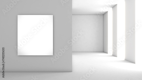 A mockup frame on a white background with white corridor stairs.,3D rendering
