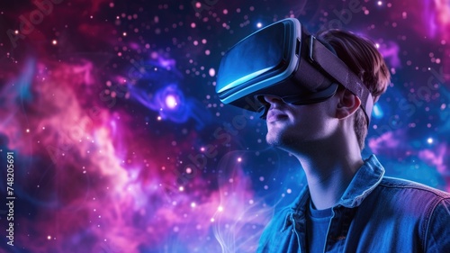 person wearing a VR headset immersed in a breathtaking virtual world, capturing the essence of VR Mania © Anna
