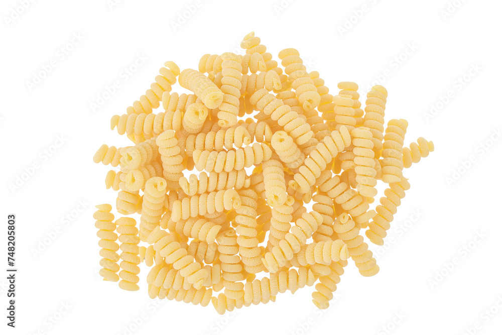Italian spiral shaped pasta, Fusilli bucati macaroni, isolated on white background. Top view. Flat lay. Italian spiral shaped pasta, Fusilli bucati macaroni, isolated on white background. Top view. Flat lay.