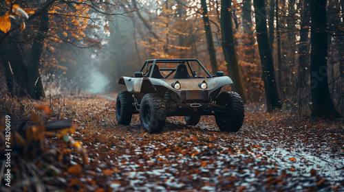 An off-road buggy stands ready for an adventure on a forest trail covered with autumn leaves, evoking a sense of exploration