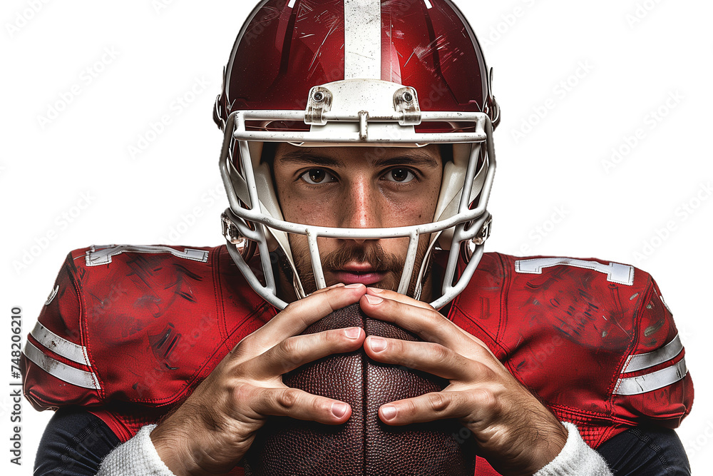 American football player holding ball isolated on transparent background. Generative ai American football player holding ball isolated on transparent background. Generative ai