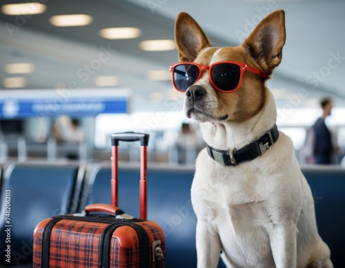 A dog in sunglasses with luggage in the airport © orelphoto