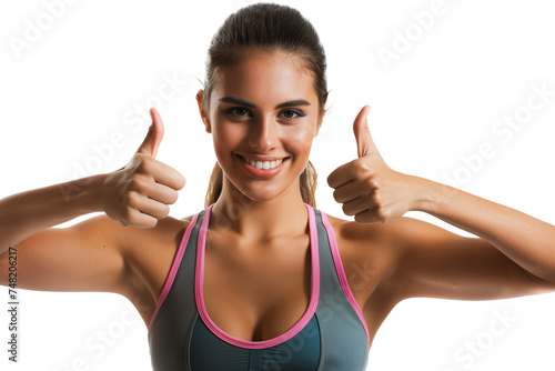 Happy woman in sportswear making thumbs up. Generative ai