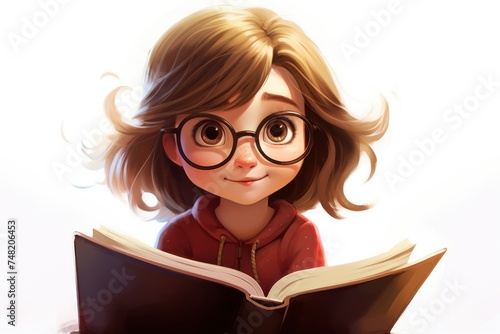 portrait of cute girl reading book on white background cartoon