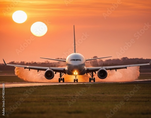 Airplane is taking off from runway at sunset