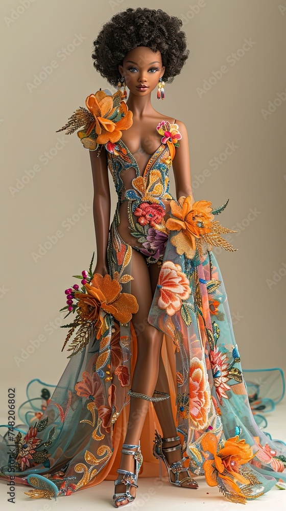 Doll representing a black girl posing as a fashion model with an elegant dress decorated with flowers.