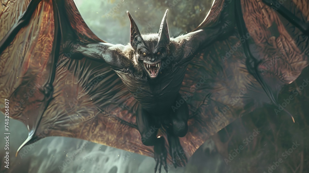 In some depictions, vampires may possess physical characteristics reminiscent of bats, such as pointed ears, wings, or the ability to transform into a bat-like creature - obrazy, fototapety, plakaty 
