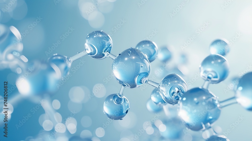 close up selective focused of a water molecule in liquid blue background. The circle of H2O, a chemical compound, represents the fluid and moist nature of this transparent material close up selective focused of a water molecule in liquid blue background. The circle of H2O, a chemical compound, represents the fluid and moist nature of this transparent material