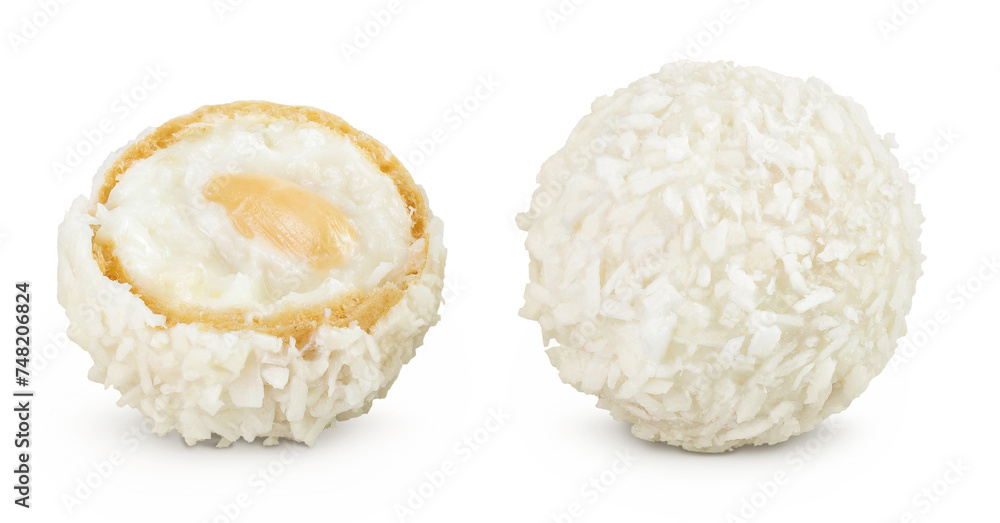 round candy raffaello with coconut flakes and nut isolated on white background round candy raffaello with coconut flakes and nut isolated on white background