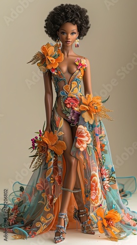 Doll representing a black girl posing as a fashion model with an elegant dress decorated with flowers.