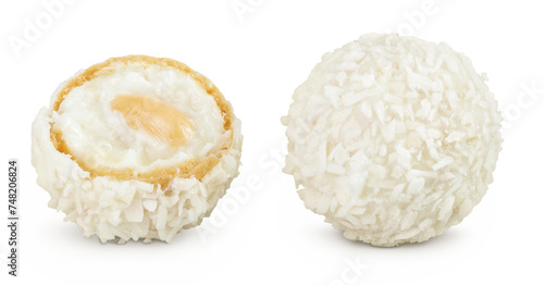 round candy raffaello with coconut flakes and nut isolated on white background
