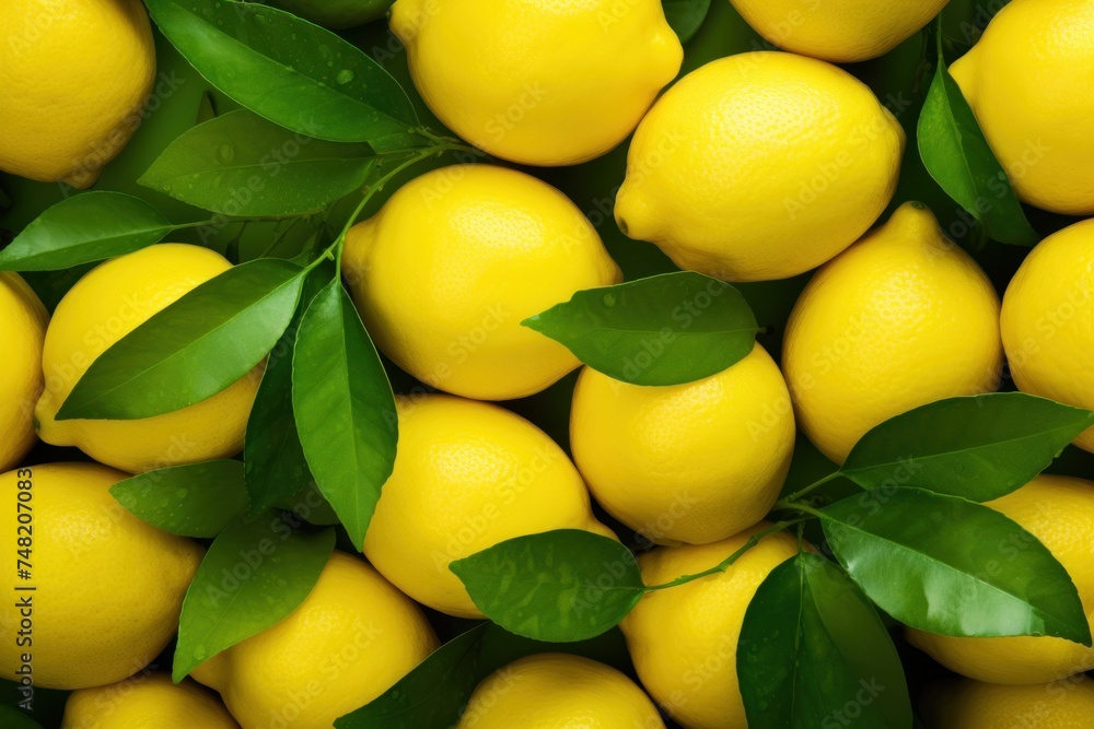 Lemons background, closeup view. Yellow fresh lemon with green leaves texture, top view