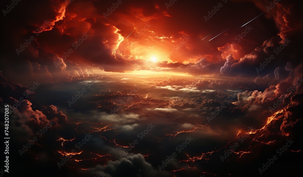 a fiery sky with clouds and a shooting star. The sky is ablaze with color, with hues of red, orange, and yellow. The clouds are puffy and white