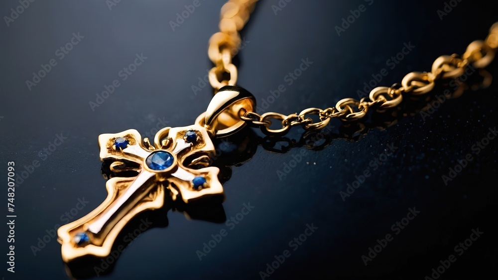 Golden catholic cross necklace with a sapphire pendant Golden catholic cross necklace with a sapphire pendant