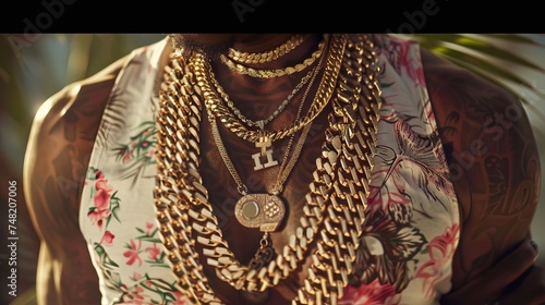 gold chains around his neck, a symbol of his wealth and success. He also sports gold bracelets, rings, and other accessories, further accentuating his extravagant lifestyle 