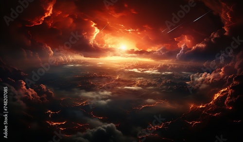 a fiery sky with clouds and a shooting star. The sky is ablaze with color, with hues of red, orange, and yellow. The clouds are puffy and white