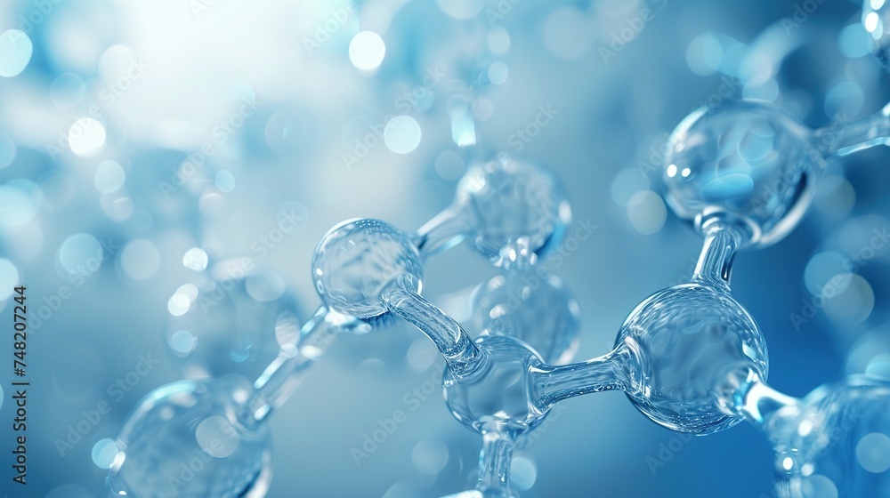 close up of a water molecule in liquid blue background. The circle of H2O, a chemical compound, represents the fluid and moist nature of this transparent material close up of a water molecule in liquid blue background. The circle of H2O, a chemical compound, represents the fluid and moist nature of this transparent material