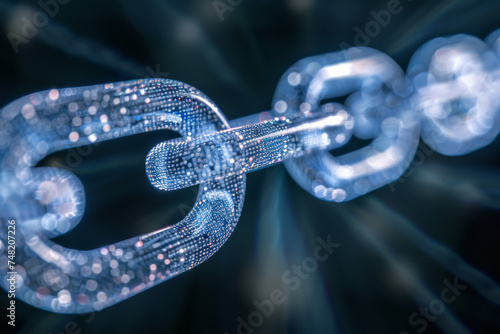 A close up of a chain with a blue background