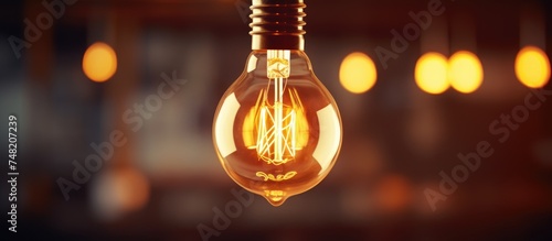 A retro light bulb with an illuminated filament is hanging from the ceiling in a room, providing lighting to the space. © Lasvu