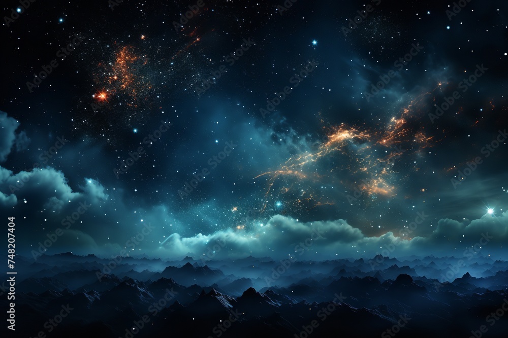 a night sky filled with stars and clouds, with a mountain range in the distance. The stars are bright and vibrant, and they create a sense of wonder and mystery. - obrazy, fototapety, plakaty 