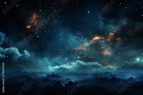 a night sky filled with stars and clouds, with a mountain range in the distance. The stars are bright and vibrant, and they create a sense of wonder and mystery. photo