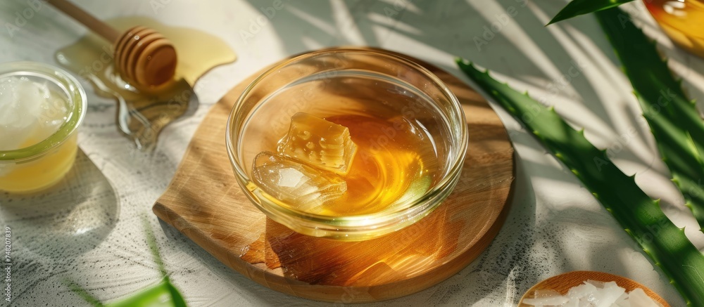 A jar of golden honey is placed on a wooden table next to a rustic wooden spoon. The jars label reflects the light, enticing viewers to scoop out the sweet substance with the spoon. A jar of golden honey is placed on a wooden table next to a rustic wooden spoon. The jars label reflects the light, enticing viewers to scoop out the sweet substance with the spoon.