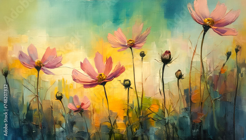 Fleurs de cosmos sur toile, peinture d'intérieur
