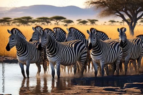 Zebras gathering at african savanna waterhole. Herd of zebras quenching their thirst in the scenic savannah under a solitary tree. Nature animal wildlife concept. Copy ad text space. Generated Ai