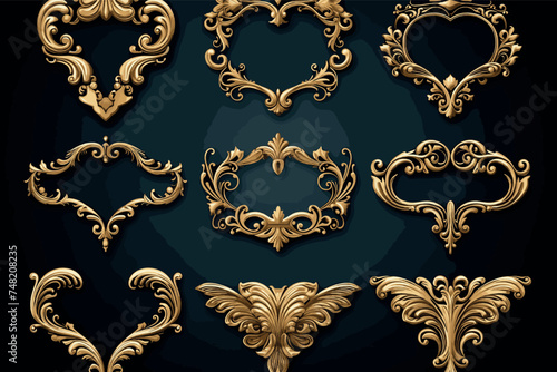 Black ornament with gold patina on a black background. Isolated. 3D illustration