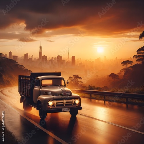 The photo shows a classic truck driving along the high road,in the middle of the rain at sunset.