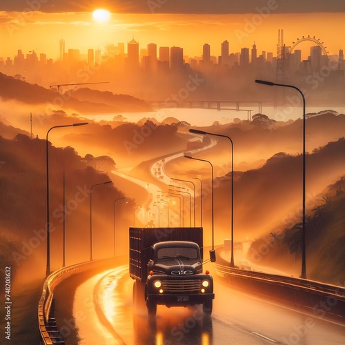 The photo shows a classic truck driving along the high road,in the middle of the rain at sunset.