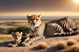 Cheetah and cub resting on african savannah hilltop. Mother guepard and her cub lounging on grassy hill, surveying african savannah. Nature animal wildlife concept. Copy ad text space. Generated Ai