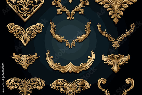 Black ornament with gold patina on a black background. Isolated. 3D illustration