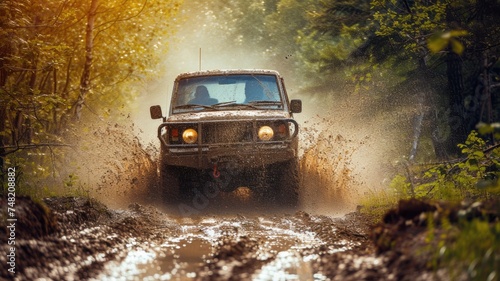 An off-road vehicle splashes through a muddy forest trail, sending water and mud flying, capturing the dynamic energy and thrill of an adventurous ride in a natural setting © Anna