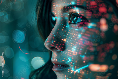 Neon Dreams: Woman's Profile with Digital Patterns