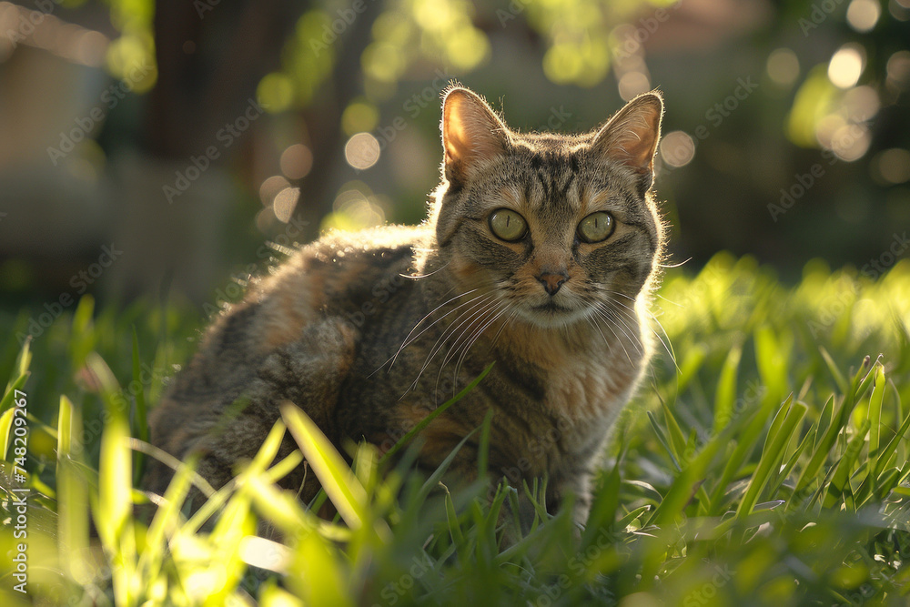 Cute tabby cat sitting in the green grass with calm and curious look, blending in with the surroundings. This peaceful scene shows how cats enjoy nature, Generative AI