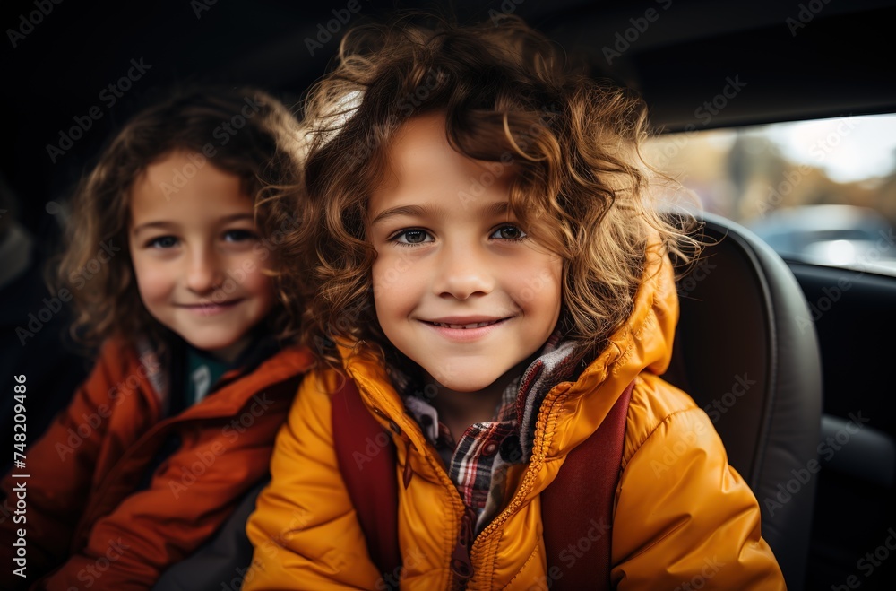 two brothers returning from school in the car take a picture of themselves looking at the camera. children with seat belts in the car two brothers returning from school in the car take a picture of themselves looking at the camera. children with seat belts in the car