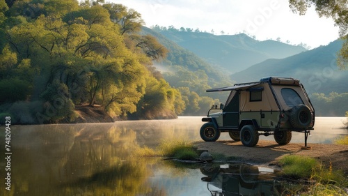 A compact camper trailer is parked by the serene lakeside, surrounded by majestic pine trees and mountains veiled in mist, offering a peaceful escape into nature's embrace