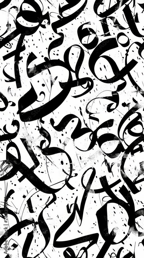 A black and white pattern made up of calligraphic letters 